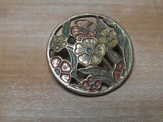 Broche Ancienne Décor Floral Peint Sur Métal - Alliage Doré - Bijou Vintage Occasion