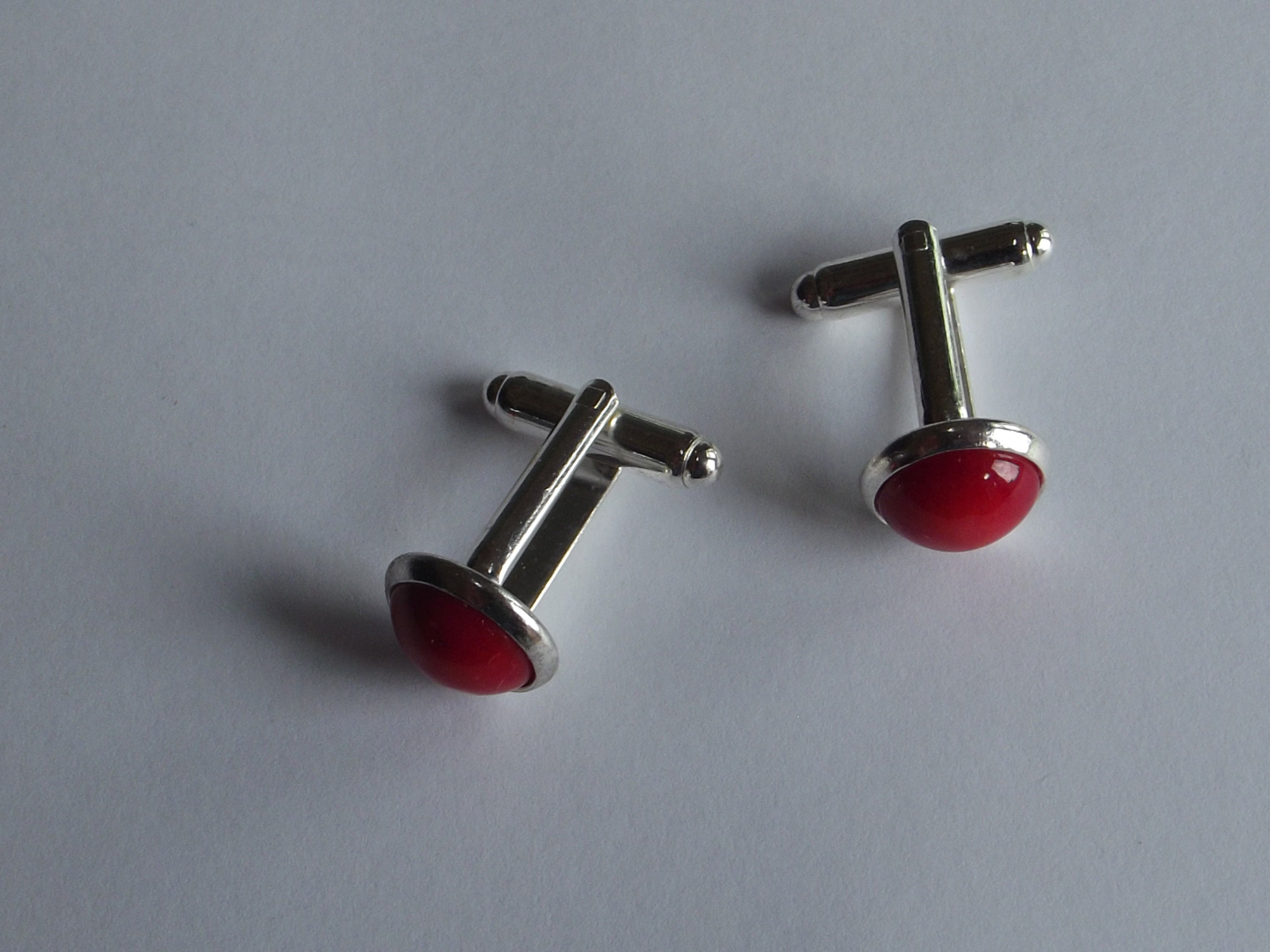 10Cab34 - Coral Silver-Plated Cufflinks set with 10 mm Deep Red Coral cabochons