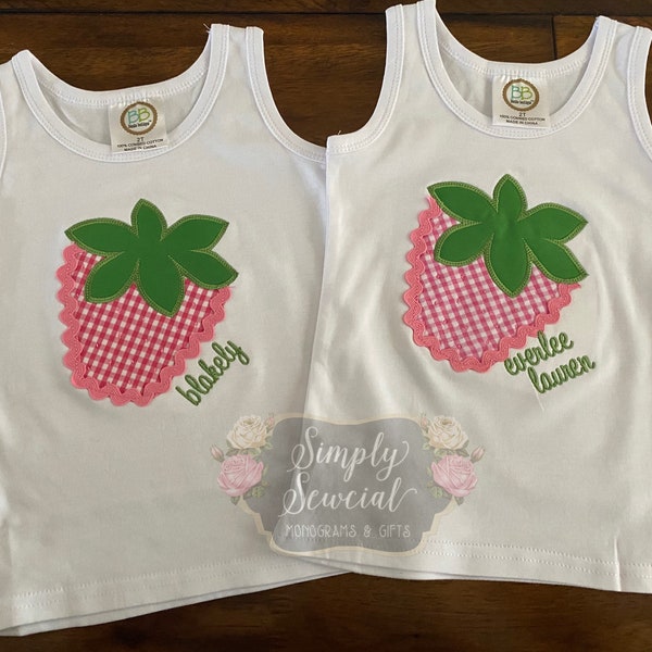 TANK TOP/ Girls Strawberry Applique Shirt / Ric Rac Embroidered Shirt / Personalized Summer Fruit Shirt / Custom Kids Shirt