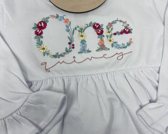 Birthday Embroidered Long Sleeve Dress / Floral Number Dress / First Birthday Personalized/ Custom Kids Dress