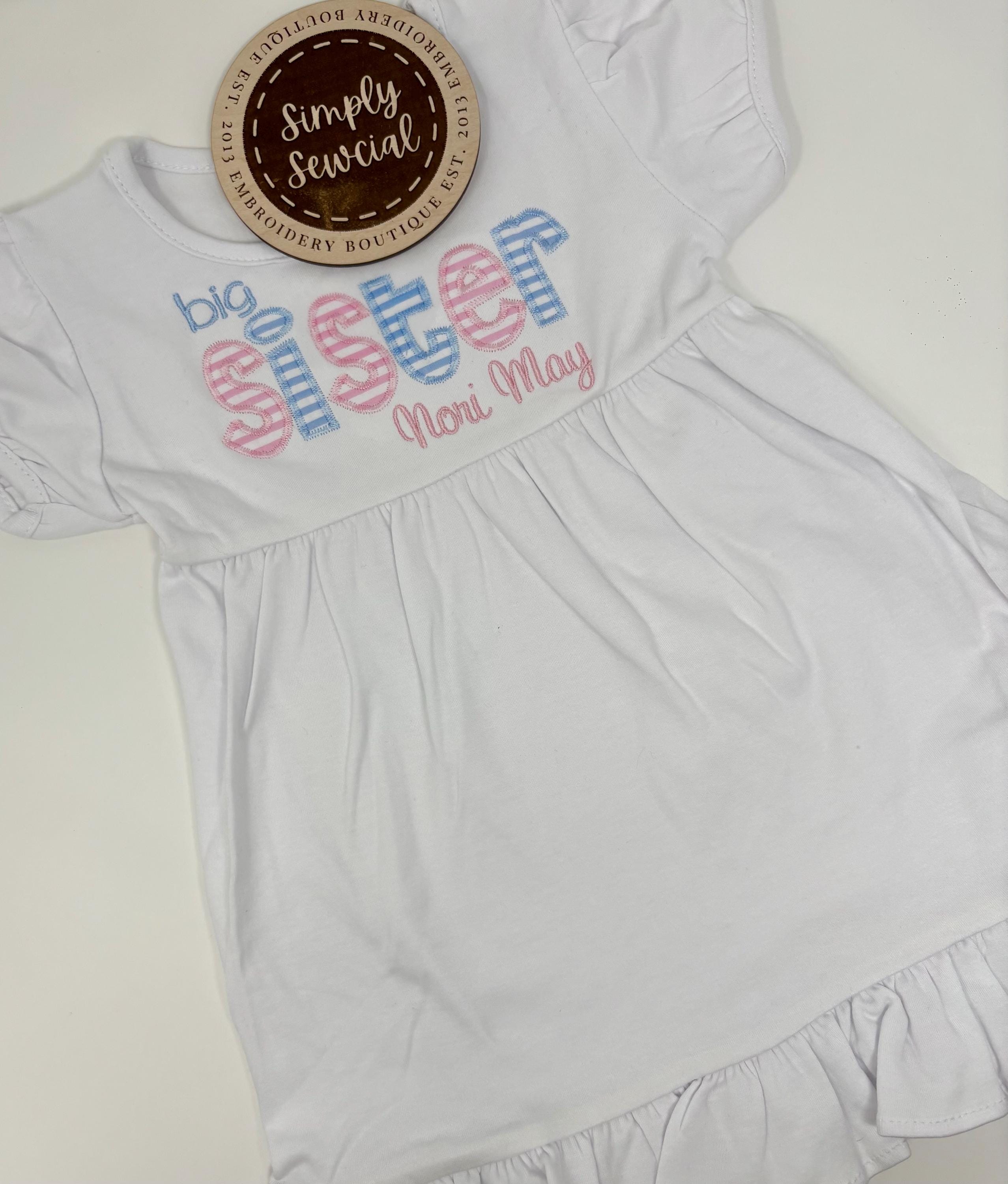 SHORT SLEEVE Big Sister Applique Dress/ Sister Embroidered Dress/ Personalized Applique Ruffle Dress/ Custom Dress