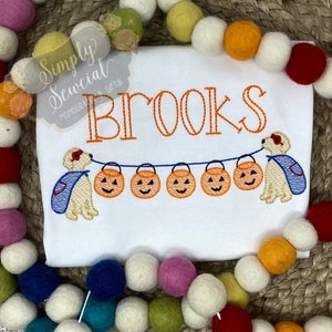 SHORT SLEEVE Boys Halloween Embroidered Shirt / Pups Jack o lantern Sketch Shirt / Personalized Fall Halloween Applique / Custom Kids Shirt