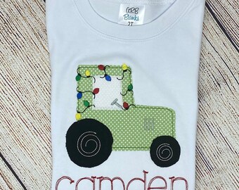 Christmas Tractor Embroidered Shirt /Winter Applique Short Sleeve Shirt/ Personalized Tractor with Lights Shirt/ Custom Kids Shirt