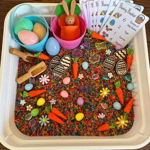 Easter Sensory Bin: Bunny Peg Doll, Rainbow Rice, Counting Game