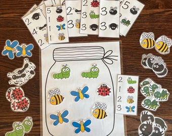 Actividad de contar insectos en un frasco, reconocimiento de números para niños pequeños (archivo digital)