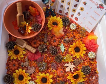 Contenedor sensorial de otoño: Juego de conteo con hojas, piñas y ardillas