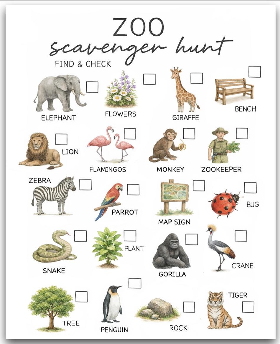 Zoo Scavenger Hunt Animal Hunt, Outdoor Activity for Toddlers & Kids ...