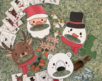 Tarjetas para la caja sensorial "Alimenta a los personajes de invierno" (solo archivo digital / descarga instantánea / actividad navideña para el hogar y la escuela)