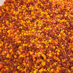 May include: A close-up view of a mix of colorful sprinkles in various shapes, including flowers and leaves. The sprinkles are in shades of orange, yellow, and brown, creating a fall-themed aesthetic. These sprinkles are ideal for decorating baked goods.