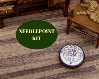 1/12 miniature footstool kit, Miniature furniture dollhouse petit point needlepoint embroidery round foot stool 1.25 inch dia. 28 count