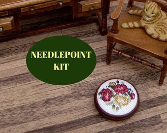 1/12 miniature footstool kit, Miniature furniture dollhouse petit point needlepoint embroidery round foot stool 1.25 inch dia. 28 count