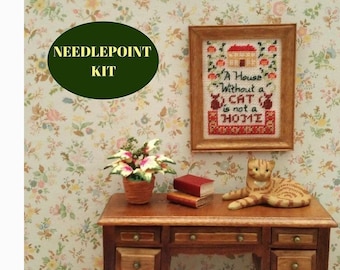 Miniature sampler kit 1:12 dollhouse miniatures cat lover gift petit point w/ wooden frame for nursery bedroom 32 count fabric 2 x 2.5”