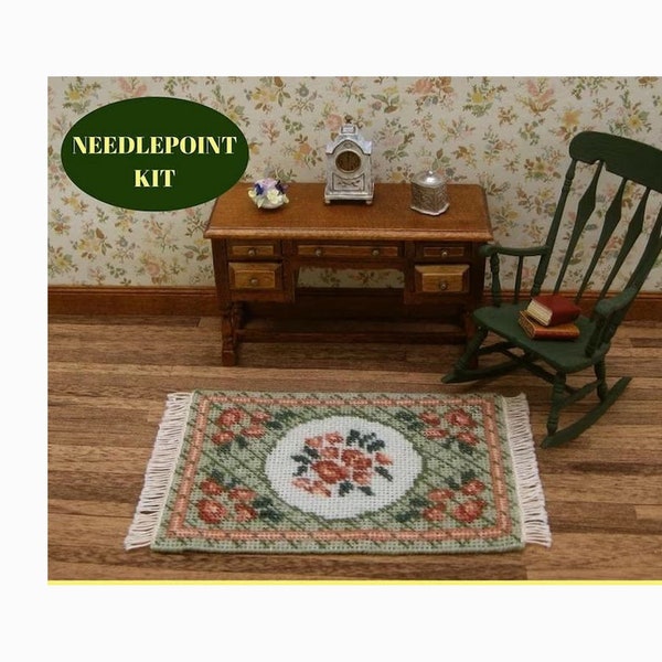 Dollhouse miniatures rug KIT. Doll house rug for 1:12 scale dolls house 3 x 5” Miniature needlepoint carpet kits accessory w/ 18 ct canvas