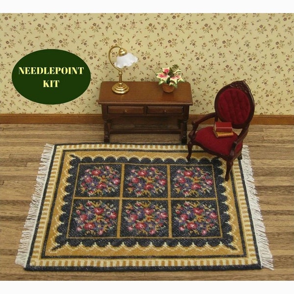 Dollhouse miniatures rug KIT. Doll house rug for 1:12 scale dolls house 6.5 x 8” Miniature needlepoint carpet kits accessory w/ 18 ct canvas