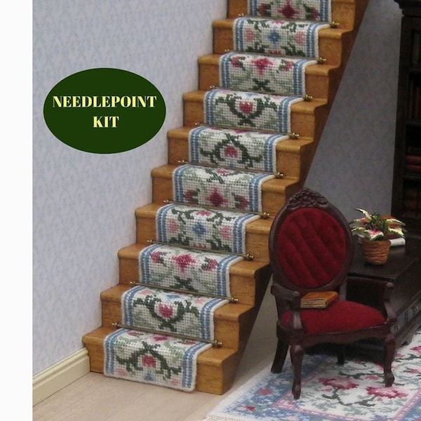 1:12 dollhouse stair runner kit 18 ct canvas needlepoint staircase kit Dollhouse decoration Miniature accessories 20 inches long (15 steps)