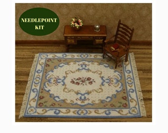 Dollhouse miniatures rug KIT. Doll house rug for 1:12 scale dolls house 9 x 7” Miniature needlepoint carpet kits accessory w/ 18 ct canvas