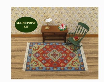 Dollhouse miniatures rug KIT. Doll house rug for 1:12 scale dolls house 8 x 5” Miniature needlepoint carpet kits accessory w/ 18 ct canvas