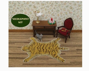 Dollhouse miniatures rug KIT. Doll house tiger rug for 1:12 scale dolls house 6 x 4” Miniature needlepoint kits accessory w/ 18 ct canvas