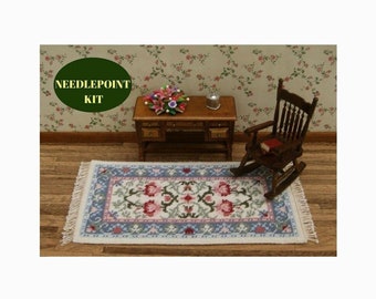 Dollhouse miniatures rug KIT. Doll house rug for 1:12 scale dolls house 8 x 4” Miniature needlepoint carpet kits accessory w/ 18 ct canvas