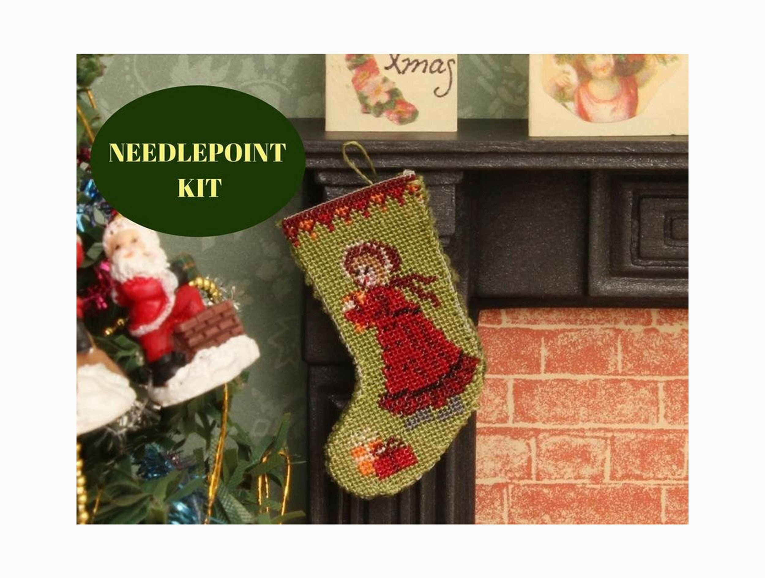 Dollhouse Christmas Stocking Kit Christmas Dollhouse Miniatures 1:12  Needlepoint Petit Point Accessory for Dolls House 40 Silk Gauze 1.4 H 