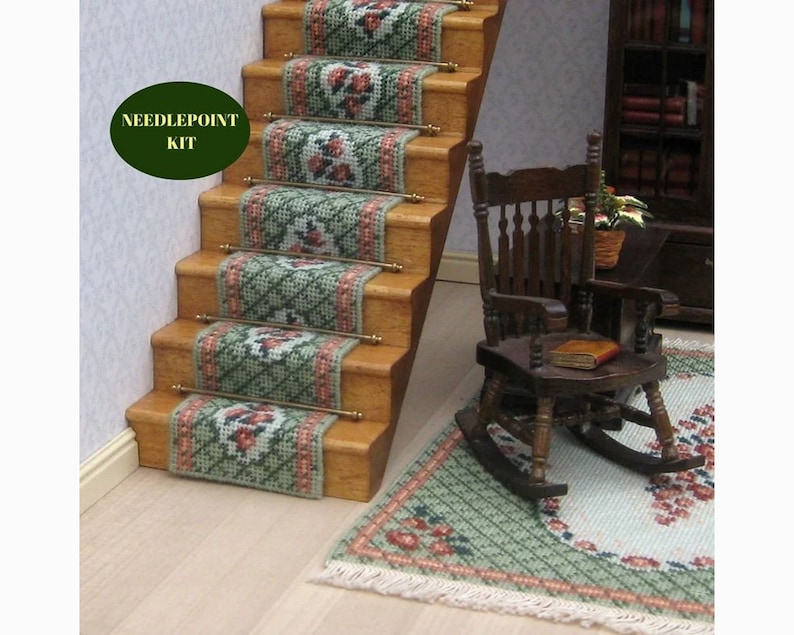 1:12 dollhouse stair runner kit 18 ct canvas needlepoint staircase kit Dollhouse decoration Miniature accessories 20 inches long 15 steps image 1