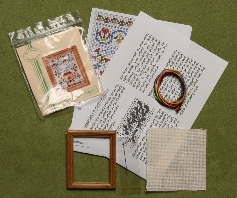 Miniature sampler kit 1:12 doll house miniatures Home Sweet Home petit point w/ wooden frame for nursery bedroom 32 count fabric 2 x 2.5 image 5