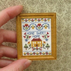 Miniature sampler kit 1:12 doll house miniatures Home Sweet Home petit point w/ wooden frame for nursery bedroom 32 count fabric 2 x 2.5 image 2