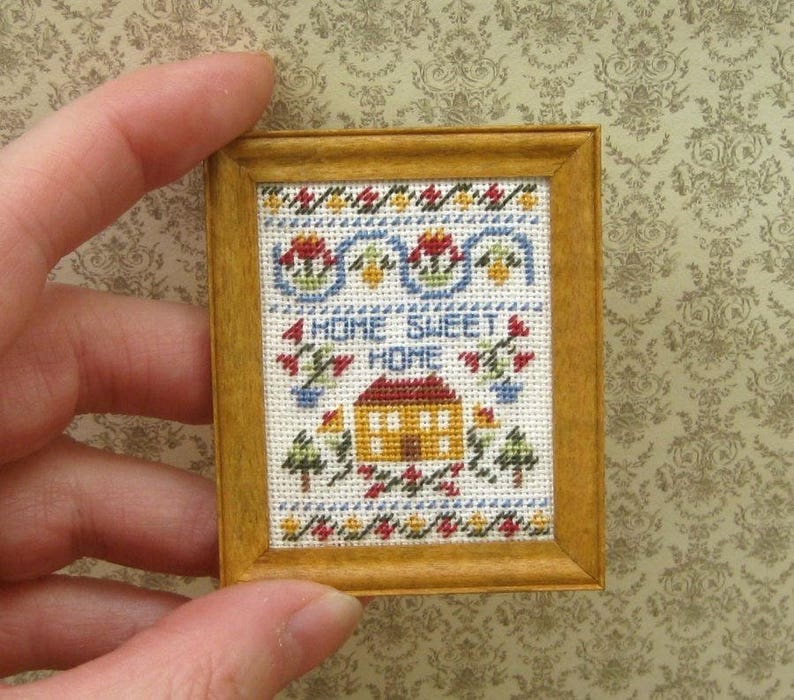 Miniature sampler kit 1:12 doll house miniatures Home Sweet Home petit point w/ wooden frame for nursery bedroom 32 count fabric 2 x 2.5 image 2