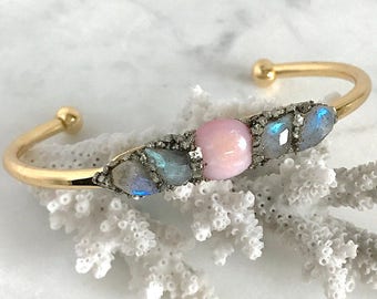 Prom Jewelry, Raw Stone Cuff, Labradorite Bracelet, Graduation Gift for Daughter, Gift for Prom, Pink Opal Bracelet, Boho Wedding Raw Cuff