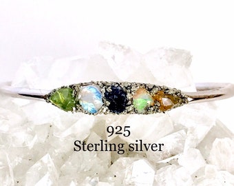 Mother Gift from Daughter for Mother's Day, Sterling Silver Grandmother Gift, Spiritual Birthstone Bracelet with Raw Stones and Pyrite