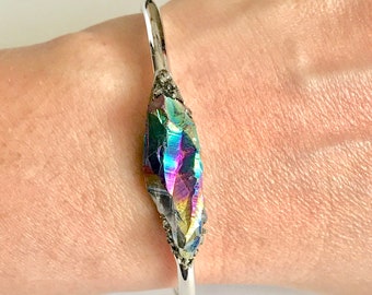 Bridesmaid Proposal, Rainbow Aura Quartz, Chakra Healing Crystal Cuff, Bohemian Jewelry Gift for Women, Boho Rainbow, Wedding Jewelry Gift