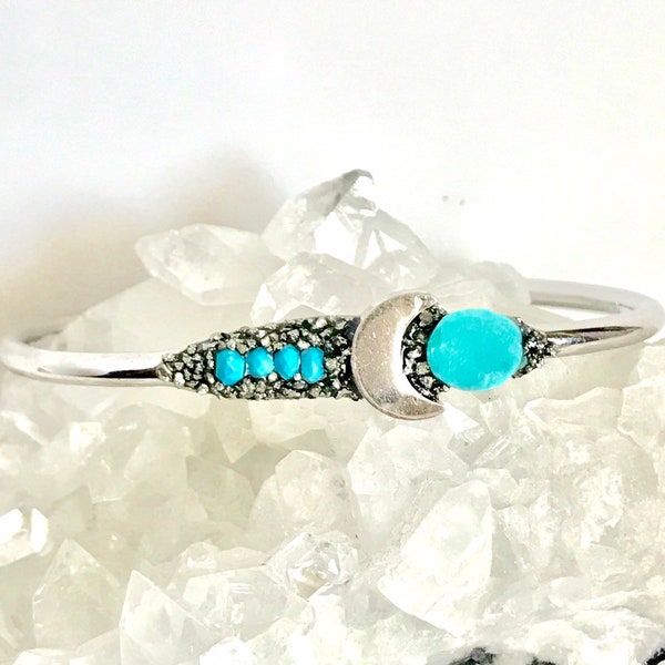 Turquoise Moon Phase Bracelet, Celestial Raw Turquoise Jewelry, December Birthstone Boho Bangle, Crescent Moon, Galaxy, Bohemian Bangle