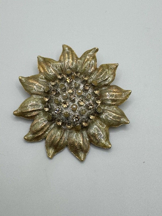 Vintage Sunflower Flower Floral Brooch Pin Rhinest