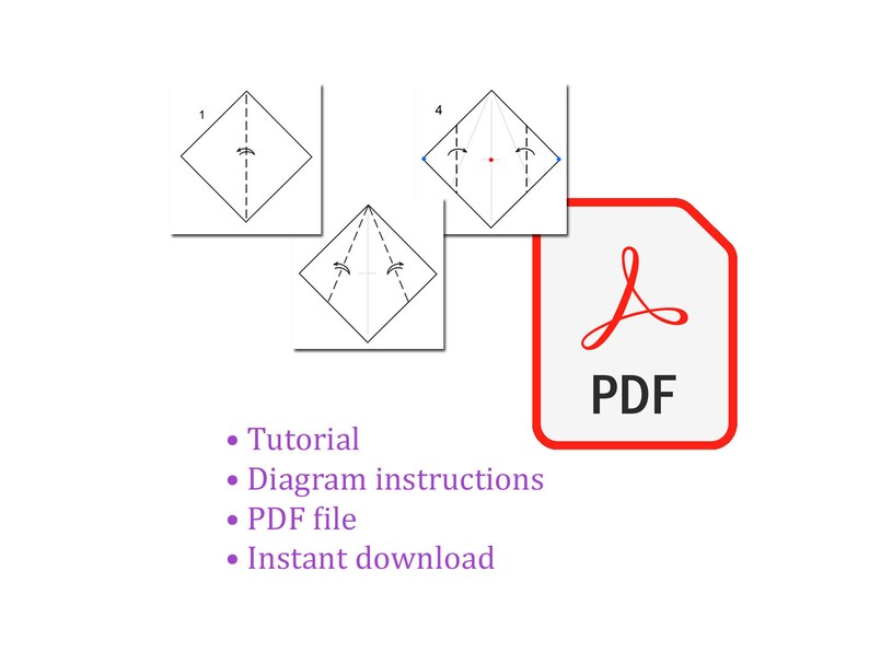 May include: A PDF download tutorial with diagrams showing how to fold a paper origami. The tutorial includes instructions for folding a diamond shape.