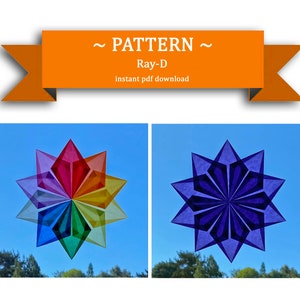 May include: Two paper star patterns, one with rainbow colours and one with a deep purple colour. The image is titled "~ PATTERN ~ Ray-D instant pdf download".