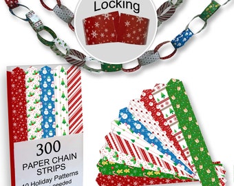 300 Paper Chain Strips for Crafting. No Glue or Tape Needed. Kid Friendly & Family Fun. 10 Christmas Patterns, Yields 50 Feet of Paper Links