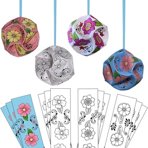 Origami Ball Kit. Paper DIY Craft to Make an Origami Ornament. No Tools Needed. Set of 10 Globes. Flower Pattern. Color-Connect-Complete!