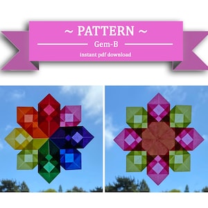 Puede incluir: Dos flores de papel origami de colores sobre un fondo de cielo azul. Las flores están hechas de formas geométricas y están dispuestas en un patrón simétrico. Las flores son de diferentes colores, incluyendo rojo, naranja, amarillo, verde, azul y morado. El texto "~ PATTERN ~ Gem-B instant pdf download" se muestra sobre las flores.