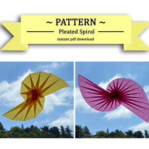 May include: Two pleated paper spirals, one yellow and one pink, are suspended in the air against a blue sky with white clouds. The text "~ PATTERN ~ Pleated Spiral instant pdf download" is displayed above the spirals.
