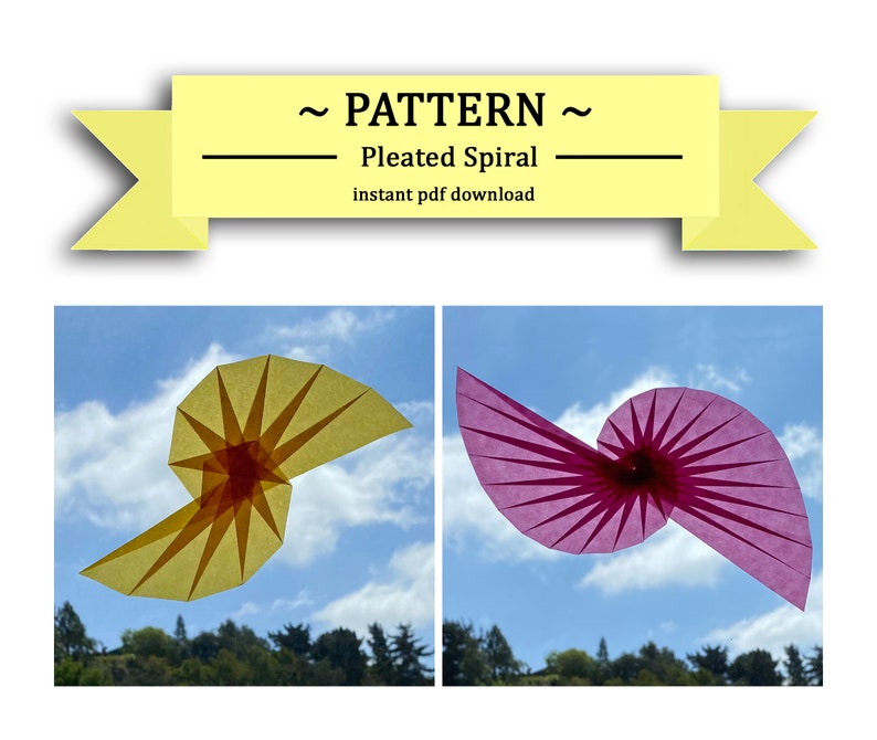 May include: Two pleated paper spirals, one yellow and one pink, are suspended in the air against a blue sky with white clouds. The text "~ PATTERN ~ Pleated Spiral instant pdf download" is displayed above the spirals.