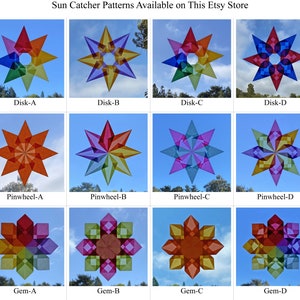 May include: Twelve different suncatcher patterns available in a variety of colors and designs. The patterns include a disk, pinwheel, and gem shape. Each pattern is shown against a blue sky background.