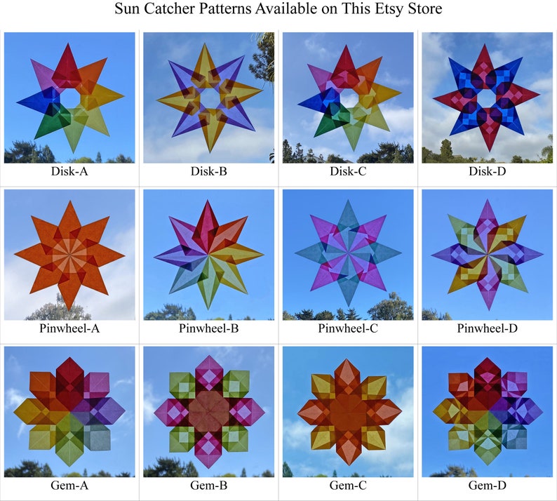 May include: Twelve different suncatcher patterns available in a variety of colors and designs. The patterns include a disk, pinwheel, and gem shape. Each pattern is shown against a blue sky background.