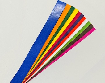 Könnte beinhalten: Ein Fächer aus farbigen Papierstreifen in Blau, Orange, Grün, Gelb, Rot, Weiß, Braun und Pink. Die Streifen sind diagonal vor einem weißen Hintergrund angeordnet und zeigen ein Spektrum an lebendigen Farbtönen. Ideal für Bastelprojekte.