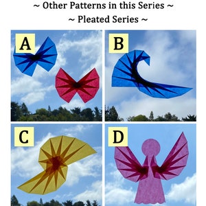 May include: Four different origami designs made from folded paper. The designs are a blue butterfly, a blue wave, a yellow spiral, and a pink angel. The designs are all against a blue sky with white clouds.