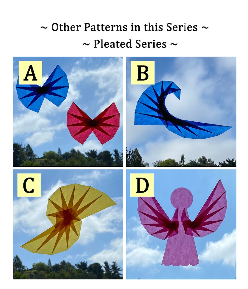 May include: Four different origami designs made from folded paper. The designs are a blue butterfly, a blue wave, a yellow spiral, and a pink angel. The designs are all against a blue sky with white clouds.