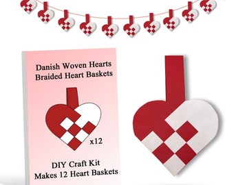 12 DIY Danish Heart Baskets. Precut and Ready to Use, No Tools Needed. Traditional Braided Danish Hearts, Valentine Hearts. 3x3 Pattern, Red