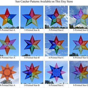 May include: Twelve different suncatcher patterns are shown, each with a different number of points and color scheme. The patterns include 5-pointed stars, 6-pointed stars, and 8-pointed stars. The suncatchers are all made of stained glass and are available on Etsy.