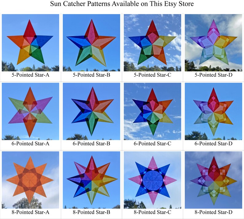 May include: Twelve different suncatcher patterns are shown, each with a different number of points and color scheme. The patterns include 5-pointed stars, 6-pointed stars, and 8-pointed stars. The suncatchers are all made of stained glass and are available on Etsy.