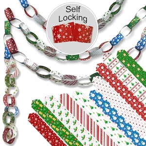 Könnte beinhalten: Eine Weihnachtspapierkette mit verschiedenen festlichen Mustern, darunter Schneeflocken, Zuckerstangen und Weihnachtsbäume. Die Kette ist selbstverriegelnd und wird mit zusätzlichen Streifen geliefert, um eine längere Girlande zu erstellen.