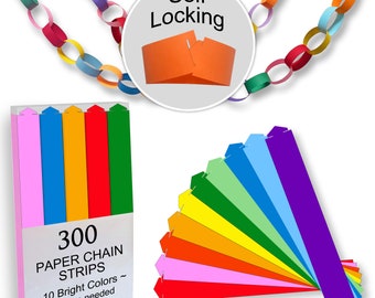 300 Paper Chain Strips for Crafting. No Glue or Tape Needed. Kid Friendly & Family Fun. 10 Bright Colors, Yields 50 Feet of Paper Links